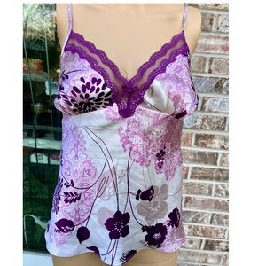 Y2K Style Purple & White Lace Floral Satin Slip Cami Top